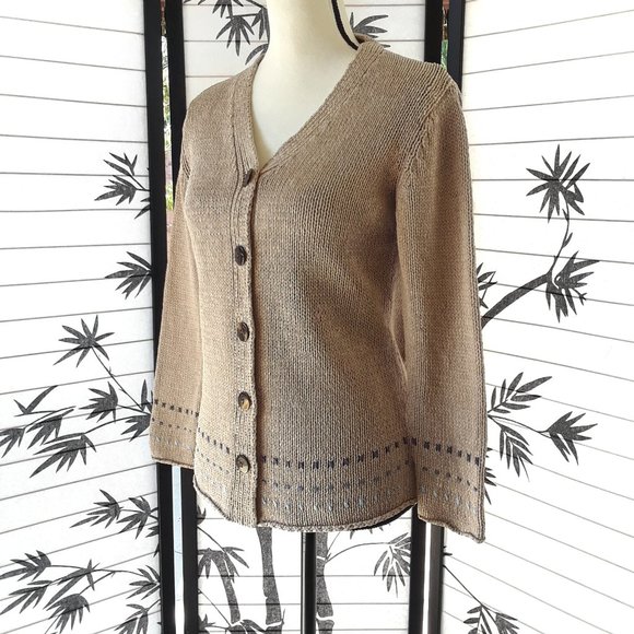 J. Jill 100% Silk Tan and Blue V Neck Knit Cardigan Sweater Size S - Picture 7 of 14